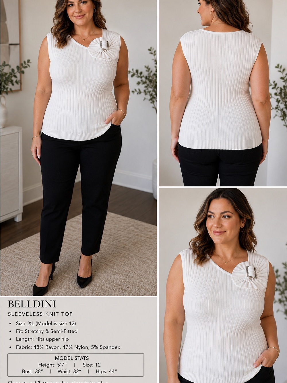 Belldini White Ribbed Knit Sleeveless Top XL Stretch Rosette Accent